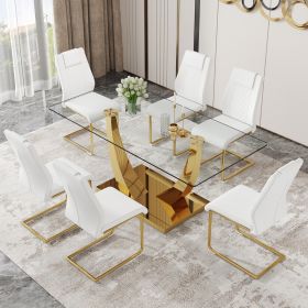 Table and chair set.Modern rectangular dining table with Transparent tempered glass tabletop and gold plated metal legs.Paried with 6 comfortable chai (Color: as Pic)